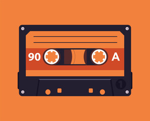 Retro music cassette background. Vintage audio tape backdrop, pop music album tape design flat vector illustration. Cartoon old school music audio tape poster