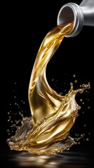 Golden viscous motor oil pouring from a spout creating a dynamic splash, showcasing rich fluid movement against a dark reflective surface, representing engine fuel energy.