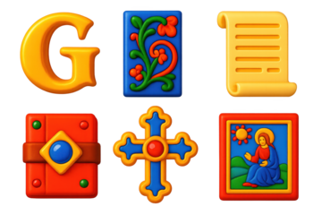 Illuminated Manuscripts Icons. 3D icon set of illuminated manuscripts: golden letter, decorated margin, vellum page, jewel clasp,