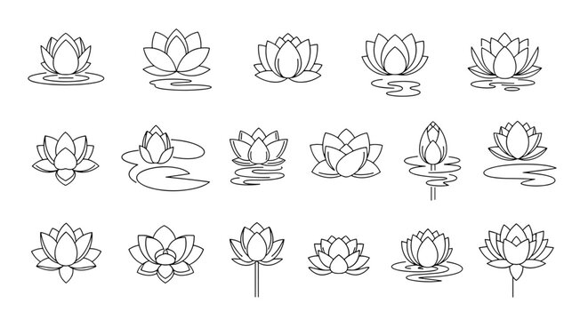 Collection of stylized white lotus flower line art icons and symbols on a black background, representing purity, enlightenment, and rebirth, perfect for wellness and spa branding, yoga studios, and