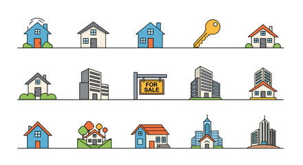 Collection of stylized flat design vector icons representing various residential and commercial buildings, including houses, apartments, and skyscrapers, along with a golden key and a 'For Sale'