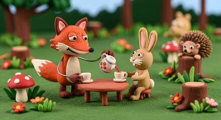 Fototapeta premium The Elegant Clay Tea Party in the Garden! A Fancy Teapot and Cheerful Sugar Cube Have a Delightful Afternoon with Smiling Teacups in a Bloom-Filled Miniature Park: A Sweet, Relaxing, and Educational 
