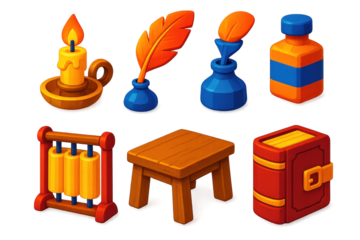 3D Scriptorium Icon Set. 3D icon set of scriptorium tools: candle holder, feather quill, sand shaker, scroll rack, wooden desk,