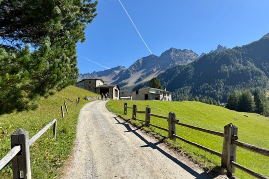 Sfazu, Switzerland - September 20, 2025: Road from Sfazu station to the famous Lagh Saoseo. A very popular hike in Graub&uuml;nden.
