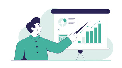 Man in green shirt points to financial charts and graphs on a whiteboard during a business presentation