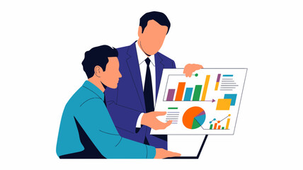 Fototapeta premium Two business professionals collaborating and analyzing financial data charts and graphs on a presentation board