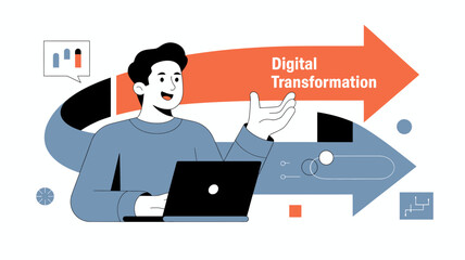 Man with laptop presenting digital transformation concept with arrows and charts illustrating progress and change