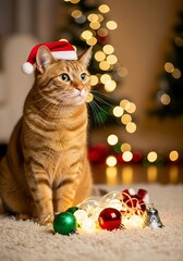 Obraz premium Adorable cat wearing Santa hat with Christmas lights and ornaments in cozy festive studio, captured by professional photographer in warm holiday atmosphere