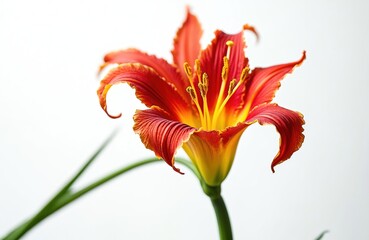 Orange daylily flower on white background. Red and yellow petals with green stem. Day lily close-up with stamens. Flowering plant in garden or park. Nature beauty with green leaves.