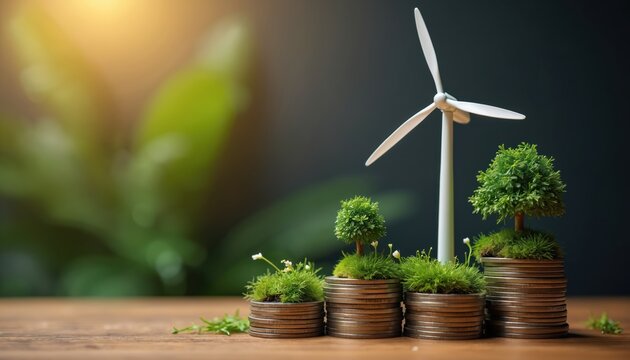 Eco power finances concept. Stacks of coins with grass, trees, wind turbine reflect sustainable financial growth. Green investment, nature preservation for clean energy future. Eco-friendly