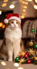 Obraz premium Adorable cat wearing Santa hat with Christmas lights and ornaments in cozy festive studio, captured by professional photographer in warm holiday atmosphere