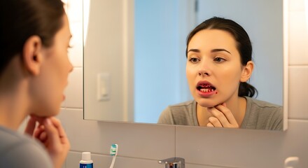 Bruised Lip Reflection Woman Injured Dental Health Bleeding Victim Accident Healthcare