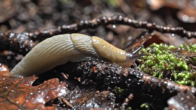 Pale and soft, a slug moves through the dark, damp leaf litter.