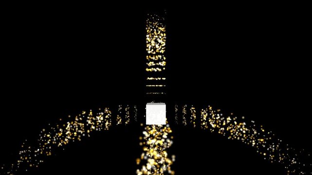 Abstract cube surrounded by golden particles on a dark background art