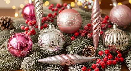 Elegant pink and silver christmas ornaments with festive berries