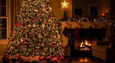 Cozy christmas eve scene with a decorated tree and fireplace