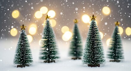 Miniature christmas trees with snow and bokeh lights