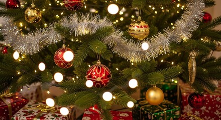 Festively decorated christmas tree with gifts below
