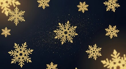 Golden snowflakes falling on a dark textured background