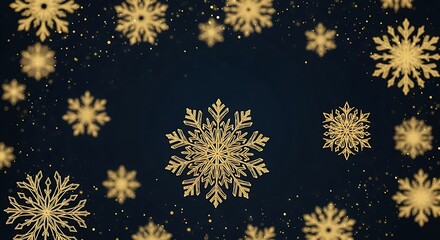 Golden snowflakes falling on a dark winter night background