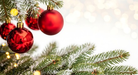 Fototapeta premium Close up of red christmas ornaments hanging on a pine tree with bokeh lights
