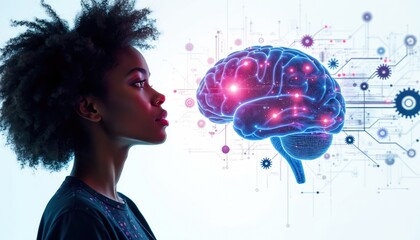 Woman contemplates digital brain network connection. Abstract neural pathways light up as she thinks. Innovative ideas form in creative mind, future tech concept.