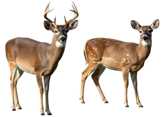 Two brown deer with antlers isolated on a transparent background.PNG