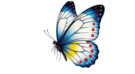 Close up of a vibrant blue and white butterfly on black backgroun on transparent background