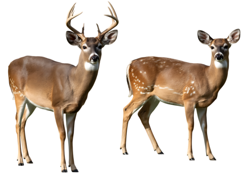 Two brown deer with antlers isolated on a transparent background.PNG