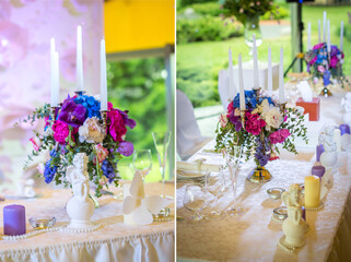 Luxury wedding table centerpiece with vibrant flowers, white candles and angel figurine. Elegant decor for romantic event or celebration. Perfect for wedding planning or event design content.