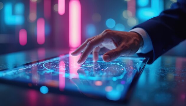 Man uses smart tablet with digital interface. Male hand interacts with interactive screen. Modern tech concept with innovation. Futuristic device connects with global network. AI hologram projection.