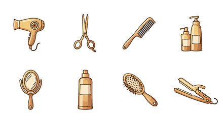 A collection of golden hair salon and barber shop tools and accessories, including a hairdryer, scissors, comb, hairbrush, mirror, shampoo and conditioner bottles, and a flat iron, all isolated on a