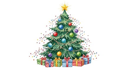 Obraz premium Festive christmas tree decorated with ornaments and gifts