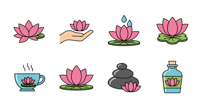 Collection of stylized lotus flower icons and symbols representing wellness, spa, and tranquility, including a lotus on a water lily pad, a hand holding a lotus, a lotus with falling water drops, a