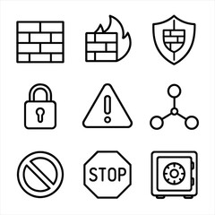 Cybersecurity icons set: firewall, shield, lock, safe, warning symbols