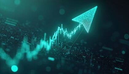 Bright teal arrow points up from digital tech background. Line graph shows rising trends. Visualizes success, profit, market growth, investment gain in modern way. Data, analytics concept for