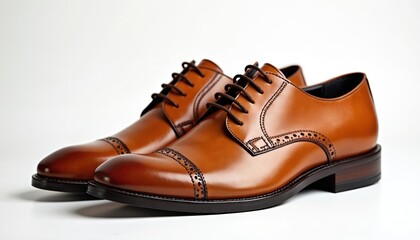 Classic pair leather dress shoes sit on white. Polished footwear present style, elegance. Leather shoes feature cap toe brogue detailing, offer formal sophistication. Perfect for business pro look