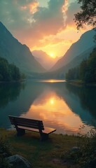 Scenic photo shows golden sunset over tranquil lake between mountains. Wooden bench stands on shore reflecting sky colors. Calm water mirrors clouds creating idyllic view.