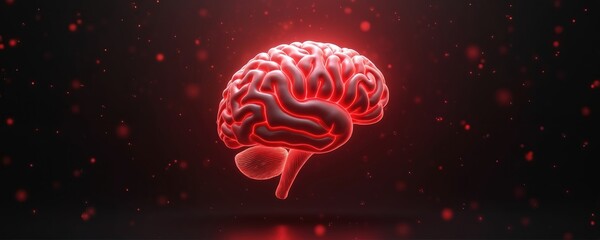 3D render of human brain glowing red against dark background. Digital artwork represents mind thought or medical science. Concept of intelligence memory and mental health are visualized.