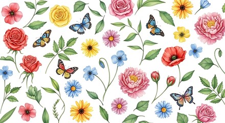 Vibrant watercolor floral pattern with butterflies and blossoms