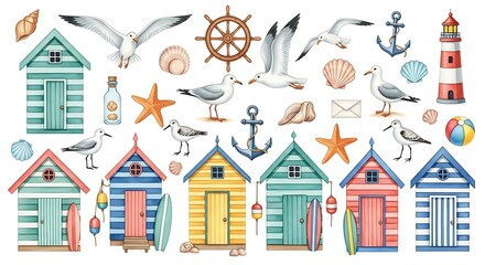 Watercolor beach huts seagulls anchors and nautical elements