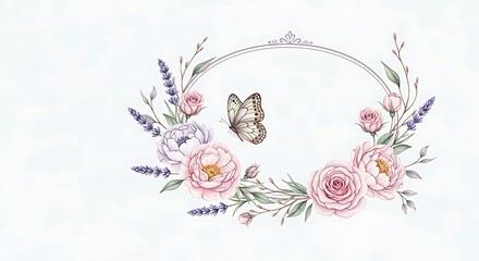 Watercolor floral wreath with butterfly and lavender