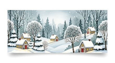Cozy winter village scene with snow covered trees and houses