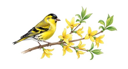 American goldfinch perched on a flowering branch