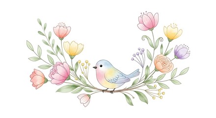 Charming watercolor bird nestled in a floral wreath