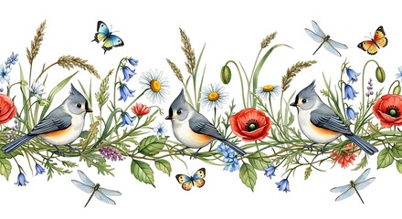 Watercolor border of birds poppies and butterflies in a meadow