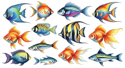 Collection of colorful watercolor tropical and freshwater aquarium fish