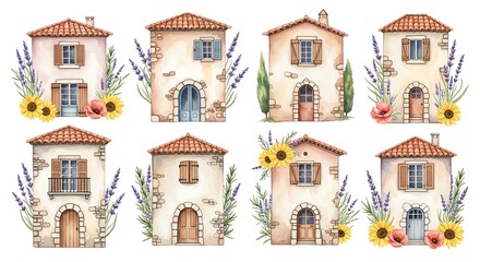 Charming watercolor european village houses with flowers and lavender