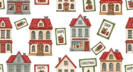 Charming watercolor village houses and festive signs seamless pattern