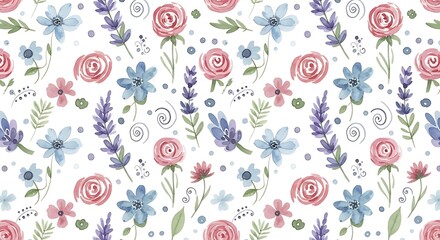 Delicate watercolor floral pattern with roses and lavender